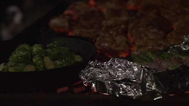 在明火烤架上烹饪鸡肉和蔬菜视频素材