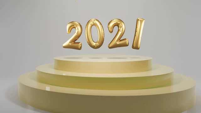 2021年新年快乐。金箔气球数字2021在领奖台和闪亮的金色五彩纸屑，3d插图视频素材