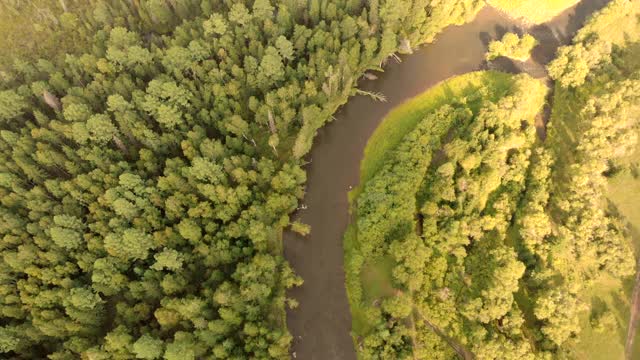 无人机在弯曲的河流、草地、乡村道路和茂密的森林上空飞行。视频素材