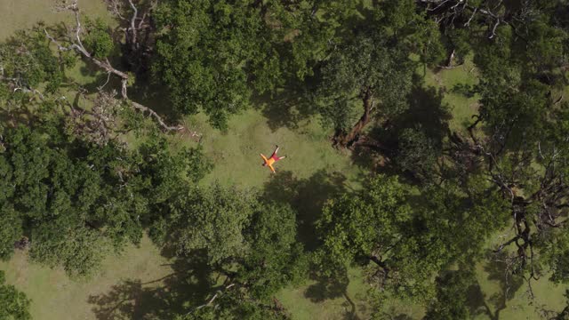 4K无人机拍摄到一名男子以星形躺在草地上，摄像机正在靠近他视频素材