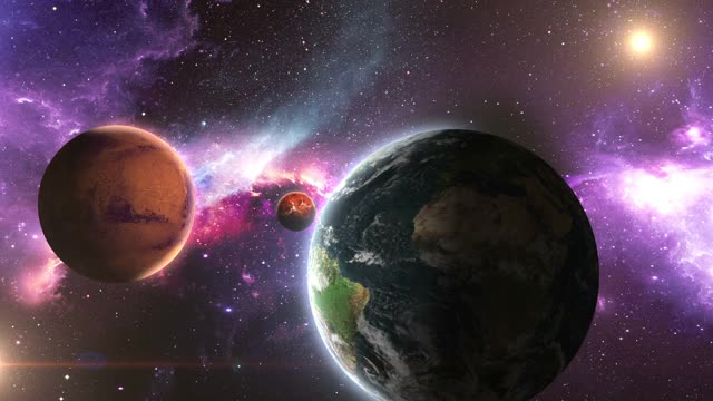 地球、火星、金星和水星在美丽的星云背景上视频素材