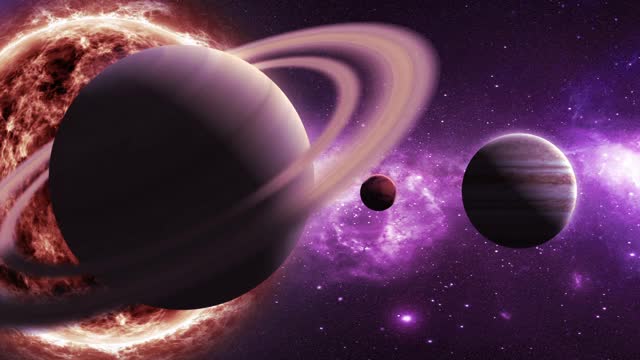 土星、木星、火星和太阳的背景是一个美丽的星云视频素材