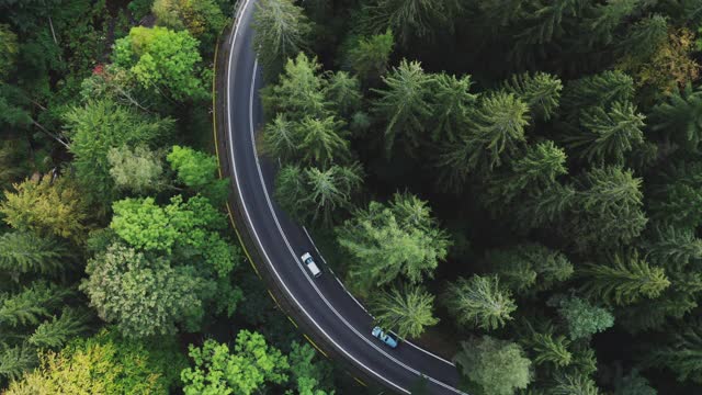 鸟瞰图的汽车行驶在乡村道路，山脉森林。视频素材