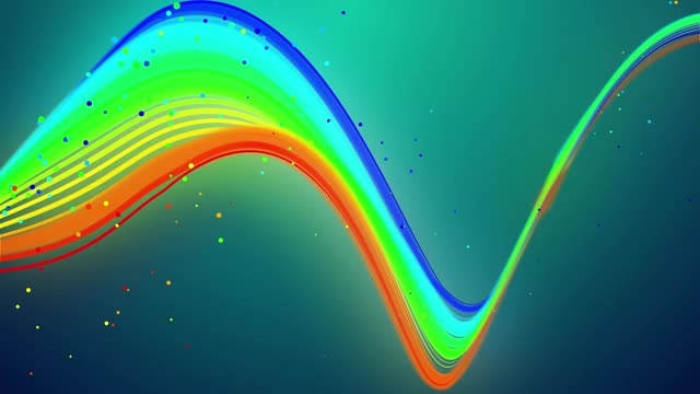彩虹色的辉光线在空中飞行，平滑地摆动和波动。3d抽象循环创意背景如辉光丝带漂浮在液体粒子。光磨作为alpha通道。视频素材