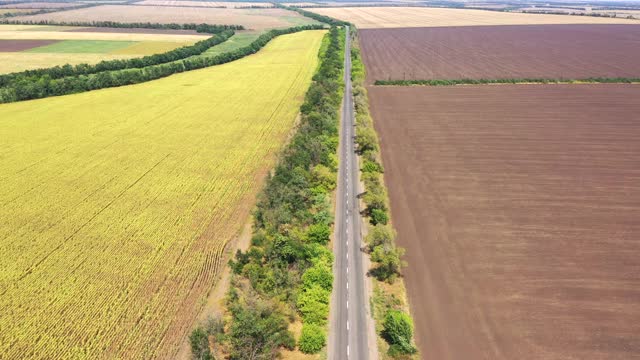 鸟瞰图。农田间的高速公路。视频素材