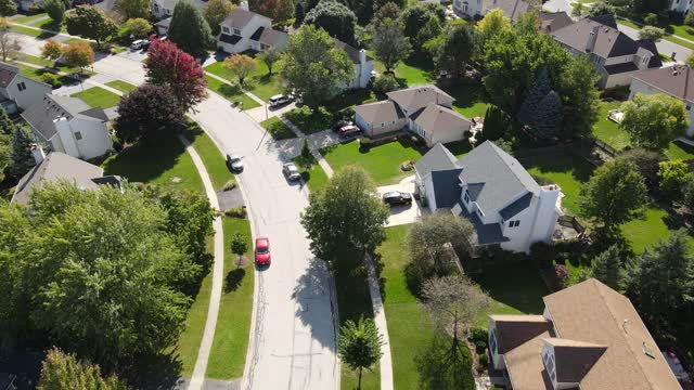 在芝加哥地区沿着郊区街道的彩色秋树、住宅和庭院的高空鸟瞰图。美国中西部。4 k视频下载