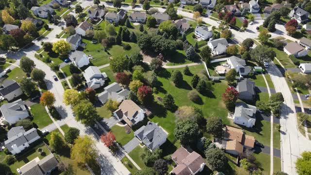 在芝加哥地区沿着郊区街道的彩色秋树、住宅和庭院的高空鸟瞰图。美国中西部。4 k视频下载