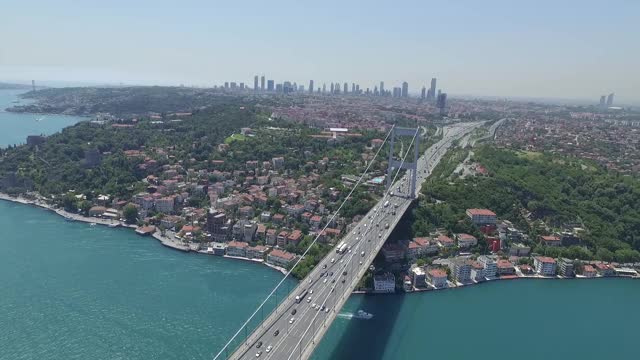 Fatih Sultan Mehmet Bridge with Bosphorus stock video伊斯坦布尔，欧洲，欧洲一边的伊斯坦布尔，土耳其-中东，Fatih Sultan Mehmet Bridge视频素材