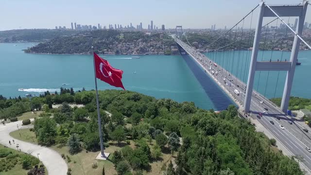 Fatih Sultan Mehmet Bridge with Bosphorus stock video伊斯坦布尔，欧洲，欧洲一边的伊斯坦布尔，土耳其-中东，Fatih Sultan Mehmet Bridge视频素材