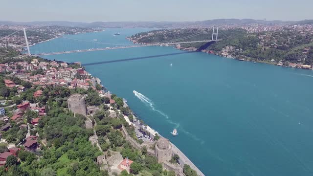 Fatih Sultan Mehmet Bridge with Bosphorus stock video伊斯坦布尔，欧洲，欧洲一边的伊斯坦布尔，土耳其-中东，Fatih Sultan Mehmet Bridge视频素材