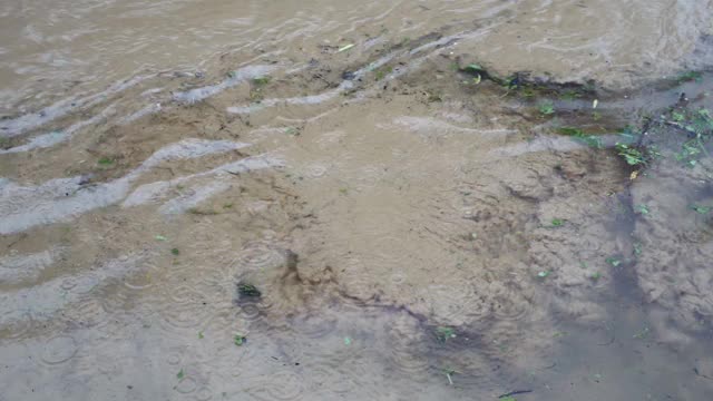 在水面上，下雨的时候，泥、淤泥和沙子会从水底升起。河上脏水的漩涡。废物和污物被排入水中。的概念。环境污染。4 k。视频素材