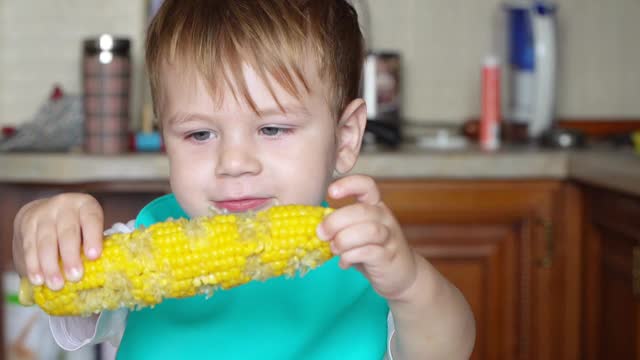 男孩在吃煮玉米视频素材