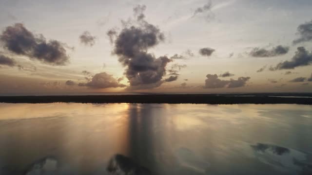 鸟瞰图的海岸泻湖日出与火烈鸟。视频素材