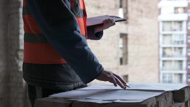 一位年轻的男建筑建筑师正在检查建筑的施工情况。工程师在高层建筑工地检查图纸。视频素材