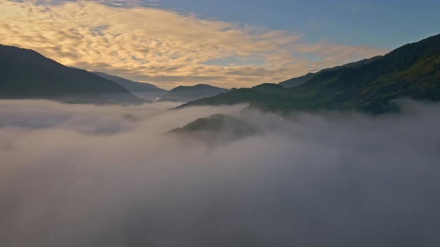 鸟瞰图上的雾翻滚流过雨林山，多莉拍摄视频素材