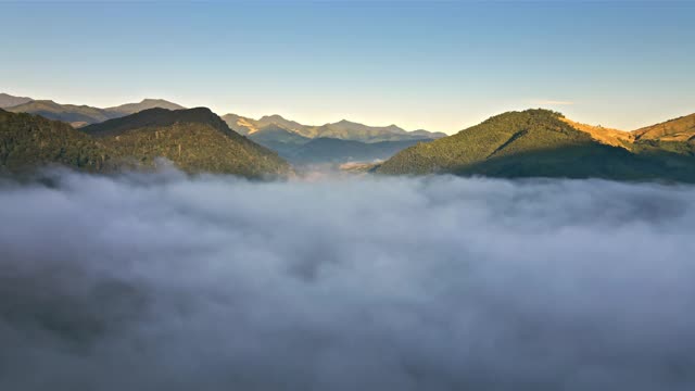 鸟瞰图上的雾翻滚流过雨林山，多莉拍摄视频素材