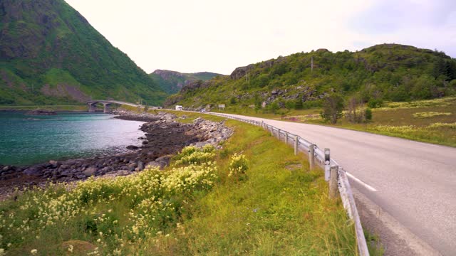 挪威风景与峡湾在罗浮敦群岛，挪威视频素材