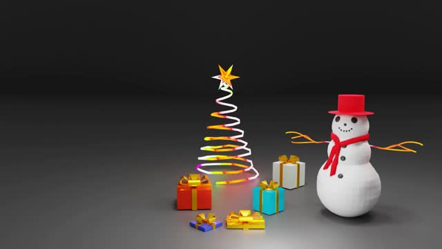 美丽的雪人，礼物，发光的霓虹灯圣诞树闪闪发光的灯光背景3D渲染视频素材