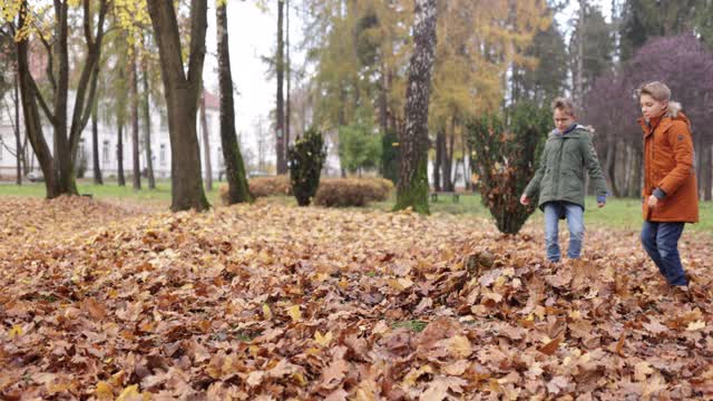 孩子们在公园里踢秋叶视频素材