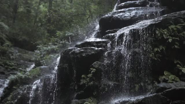 慢镜头:瀑布溅在森林-蓝山国家公园的岩石上，澳大利亚视频素材