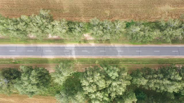 沥青公路公路通过农田与驾驶汽车鸟瞰图视频素材