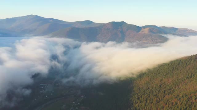 山间雾气弥漫，山顶上覆盖着秋天的针叶林视频素材