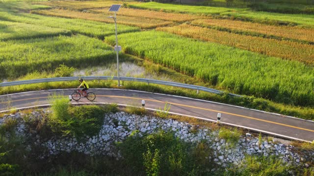 鸟瞰图骑自行车的人沿着乡村道路。无人机飞行拍摄视频素材