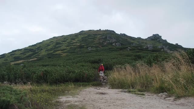 背着背包的游客沿着山上的石头小径下山视频素材