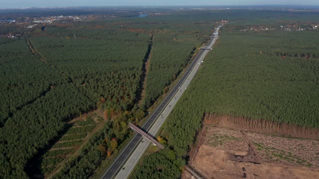 长长的德国高速公路之间的森林乡村景观，从上面鸟瞰视频素材