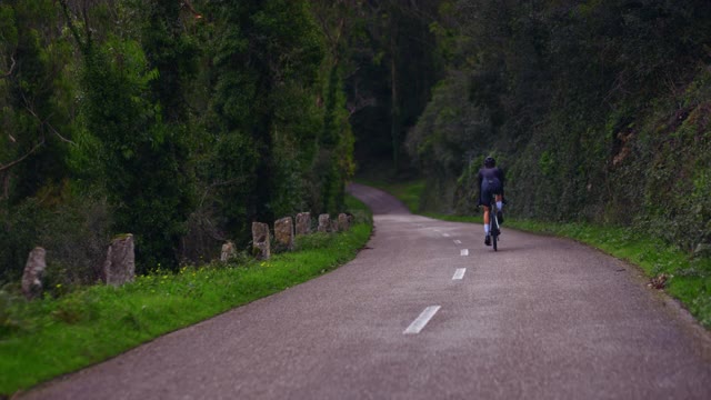 职业自行车手在森林道路上骑自行车视频素材