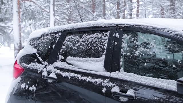 一辆黑色汽车背景下的森林里的降雪视频素材