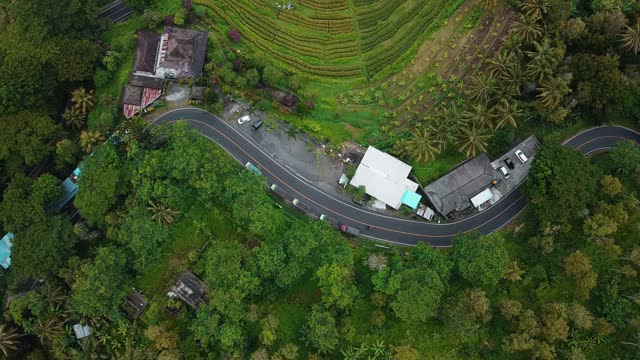 无人机拍摄的巴厘岛绿色稻田俯视图，道路上的汽车和运动模糊视频素材