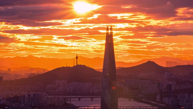 时间间隔4k，汉城和汉江的风景和韩国汉城的日落视频素材