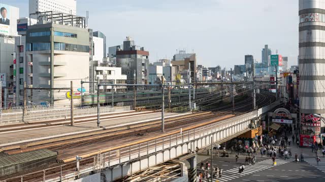 4K延时:鸟瞰东京上野美代子市场的行人拥挤的十字路口和火车行驶。视频下载