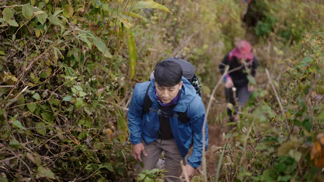 SLOMO男性徒步旅行者攀登热带山脉视频素材