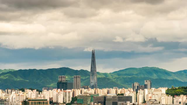 乐天世界大厦周围的城市景观，在Jamsil / Songpa-gu，韩国首尔视频素材