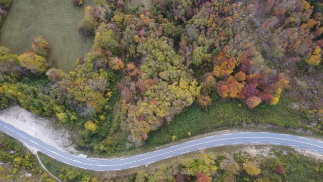 高角度视角下的汽车行驶在蜿蜒的乡村道路在秋天视频素材