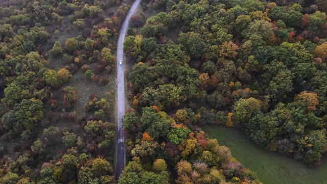 无人机的观点，汽车在乡村道路上通过森林在秋天视频素材