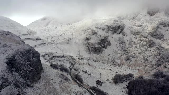 鸟瞰积雪覆盖的落基山脉和山路视频素材