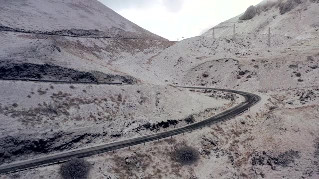 鸟瞰积雪覆盖的落基山脉和山路视频素材