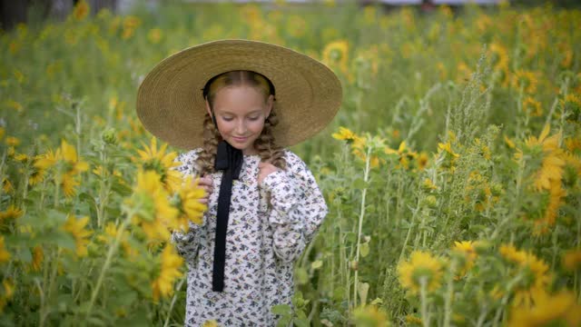 两个辫子和草帽的浪漫女孩走在盛开的向日葵草地上。戴着帽子、穿着衣服的乡村女孩走在乡间的向日葵地里。视频素材