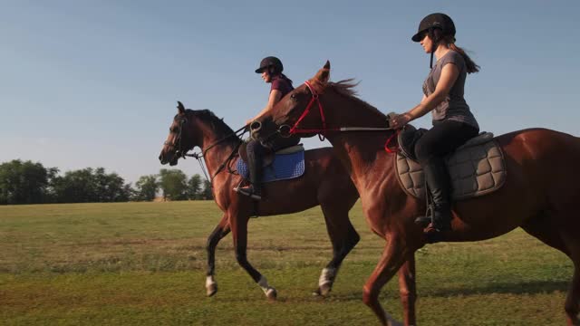 两个女人在田地里骑马视频素材