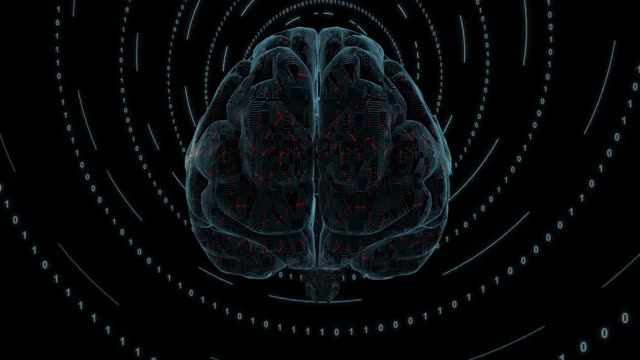 3d蓝色数字大脑覆盖电路板和cpu。数字神经网络。大脑能量红色脉动视频素材