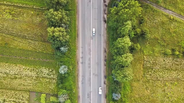 绿树间行驶车辆的道路鸟瞰图。视频素材