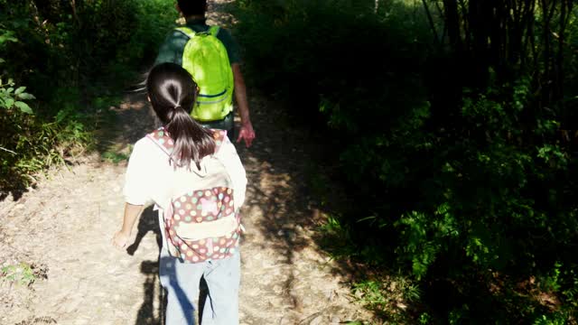 快乐亚洲男孩和他的妹妹背着背包一起在阳光明媚的日子里走在森林里，生活理念。视频素材