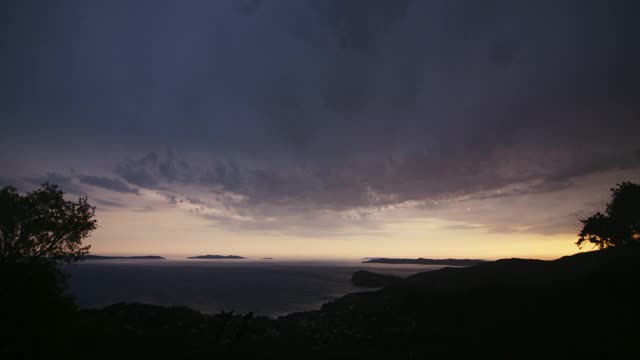 广阔的海岸夕阳与淡出的紫色天空的镜头视频素材