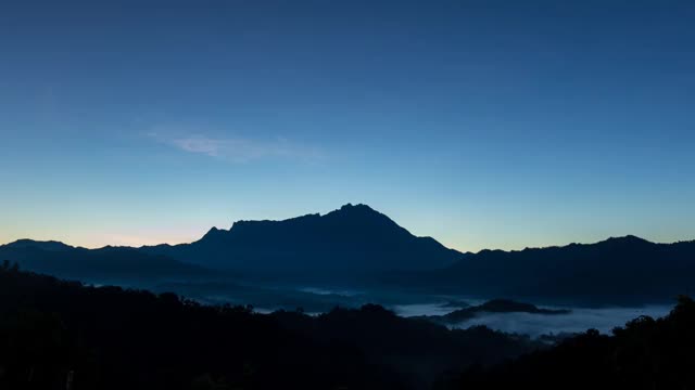 日出的全景图，基纳巴卢山在远处的背景。视频素材