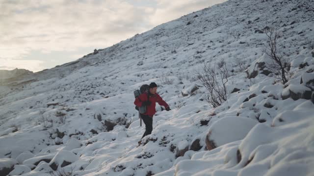 成年人背着背包在雪地里徒步旅行视频素材