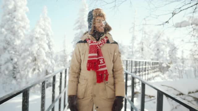 在雪天的冬天，欢乐的年轻人在公园里的肖像视频素材