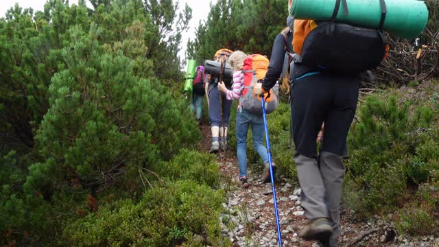 活跃的家庭妈妈和女儿在山上徒步旅行视频素材